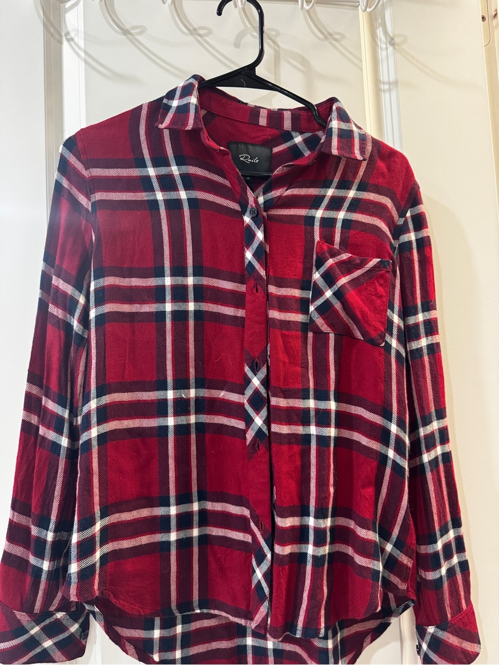 Rails Hunter plaid button-up shirt, classic red tartan, size xs